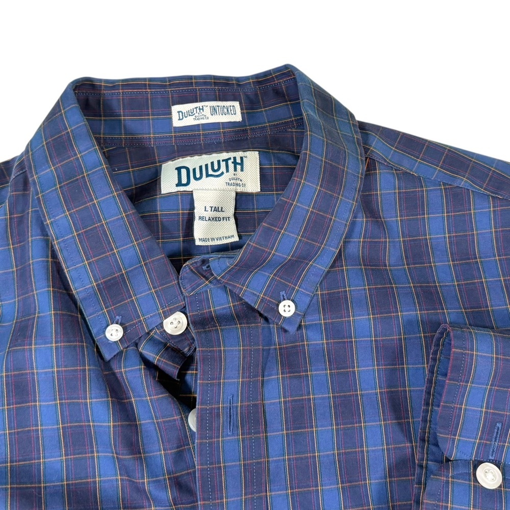 Duluth Trading Co L Tall Blue Plaid Untucked Relaxed Fit Button Down Workwear‎
